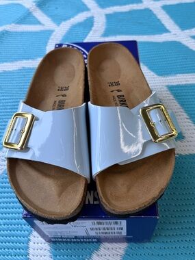 Birkenstock Patent Light Blue Single-Buckle Slides with Gold Buckles